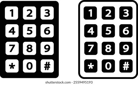 Number pad icons set. Smartphone dial keypad design. Mobile phone numbers panel with numbers and letters. Dial buttons user interface display design vector isolated on transparent background.