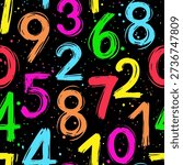Number Pattern. Multicolored numbers on a black background in a grunge style. The design is created with brushstrokes, splashes, and stains.
