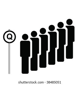 A number of people queuing next to Q sign