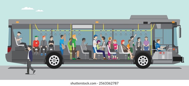 a number of people standing and sitting inside of a moving city bus with its driver