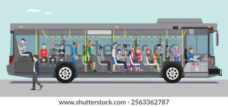a number of people standing and sitting inside of a moving city bus with its driver