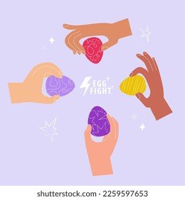 A number of people's hands of different race and skin color holding decorated hard-boiled easter eggs to participate in easter egg cracking game. Concept for eggs tapping easter tradition.