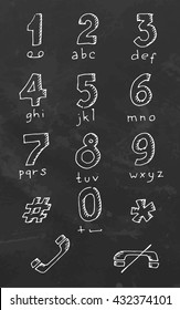 Number phone keypad. Hand drawn vector stock illustration. Chalk board drawing