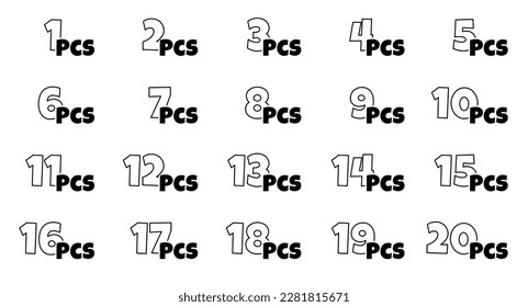 Number of pieces in package set. From 1 to 20 pcs packaging label collection. Items amount in product packing. Cartoon style outline icons. Vector eps illustration isolated on white background