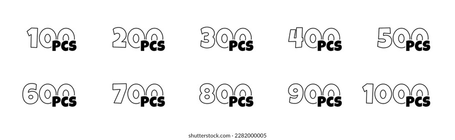 Número de piezas en el conjunto de paquetes. De 100 a 1000 etiquetas de embalaje de pcs. Etiquetas de cantidad de artículos consecutivos en el embalaje de productos. Iconos de contorno de estilo de dibujos animados. Ilustración de eps aislados por vectores