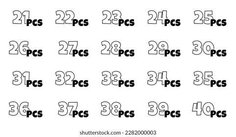 Number of pieces in package set. From 21 to 40 pcs packaging label collection. Consecutive amount items stickers in product packing. Cartoon style outline icons. Vector isolated eps illustration