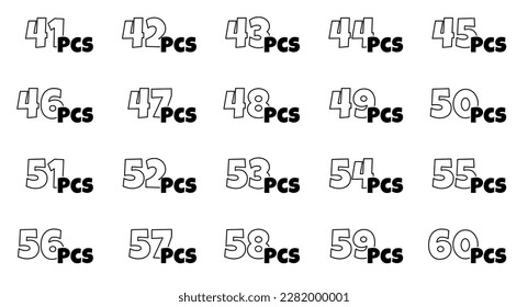 Number of pieces in package set. From 41 to 60 pcs packaging label collection. Consecutive amount items stickers in product packing. Cartoon style outline icons. Vector isolated eps illustration