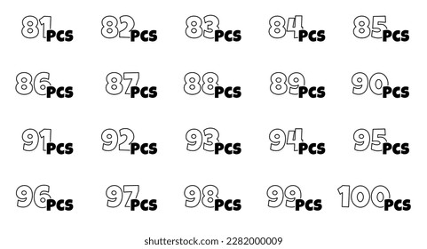 Number of pieces in package set. From 81 to 100 pcs packaging label collection. Consecutive amount items stickers in product packing. Cartoon style outline icons. Vector isolated eps illustration