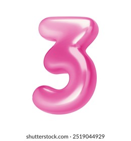 Number pink 3. Foil and chrome balloon number three in 3d style. Realistic design elements isolated on white background. Vector illustration