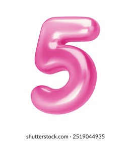 Number pink 5. Foil and chrome balloon number five in 3d style. Realistic design elements isolated on white background. Vector illustration