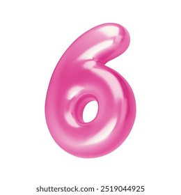 Number pink 6. Foil and chrome balloon number six in 3d style. Realistic design elements isolated on white background. Vector illustration