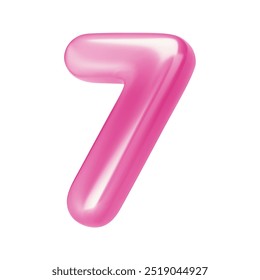 Number pink 7. Foil and chrome balloon number seven in 3d style. Realistic design elements isolated on white background. Vector illustration