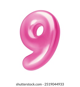 Number pink 9. Foil and chrome balloon number nine in 3d style. Realistic design elements isolated on white background. Vector illustration