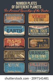 Number Plates of Different Planets for Personal Spaceships from the Future, Vintage colors, Rusty Frames