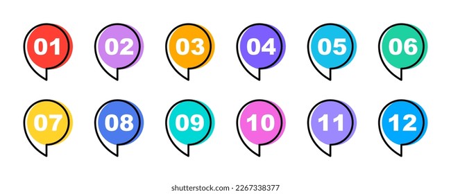 Number pointer vector set.  Bullet  points. Numbers marker. From 1 to 12. Vector 10 EPS.