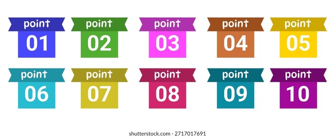 Número de puntos de 01 a 10. Número de puntos. Marcadores numéricos, pasos. Conjunto de Vectores de números coloridos sobre fondo blanco.