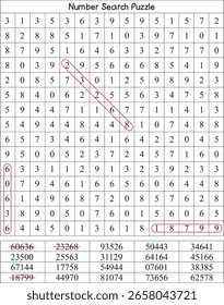 Juego de dígitos ocultos de la hoja de trabajo del desafío del rompecabezas del número para el ejercicio mental