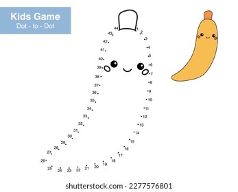 Juego de rompecabezas numérica. Punto a punto. Cute kawaii banana. Alimentos saludables. Frutos de caricatura. Hoja de trabajo educativa. Página de actividad imprimible para niños. Conecte los puntos y el color. Ilustración vectorial.