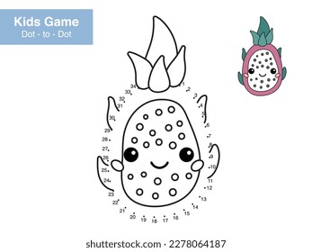 Number puzzle game. Dot to dot. Cute kawaii Dragon fruit. Healthy food. Cartoon fruit Pitaya. Educational worksheet. Printable activity page for kids. Connect the dots and color.