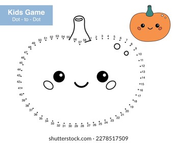 Number puzzle game. Dot to dot. Cute kawaii pumpkin. Healthy food. Cartoon vegetable. Educational worksheet. Printable activity page for kids. Connect the dots and color. Vector illustration.