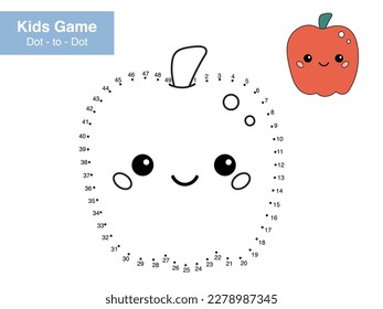 Juego de rompecabezas numérica. Punto a punto. Cute kawaii Bell pimienta. Alimentos saludables. Hortalizas de dibujos animados. Hoja de trabajo educativa. Página de actividades impresas para niños. Conecte los puntos y el color. Ilustración vectorial.