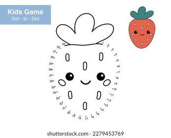 Juego de rompecabezas numérica. Punto a punto. Cereza de kawaii. Alimentos saludables. Berry de caricatura. Hoja de trabajo educativa. Página de actividad imprimible para niños. Conecte los puntos y el color. Ilustración vectorial.