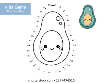 Number puzzle game. Dot to dot. Cute kawaii avocado with funny face. Healthy food. Educational worksheet. Printable activity page for kids. Connect the dots and color. Vector illustration.