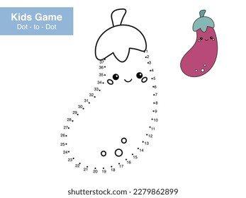 Juego de rompecabezas numérica. Punto a punto. Macerola de kawaii con cara graciosa. Alimentos saludables. Hortalizas de dibujos animados. Hoja de trabajo educativa. Página de actividades impresas para niños. Conecte los puntos y el color.