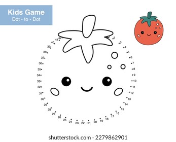 Juego de rompecabezas numérica. Punto a punto. Tomate kawaii lindo con cara graciosa. Alimentos saludables. Hortalizas de dibujos animados. Hoja de cálculo de matemáticas educativas. Página de actividad imprimible para niños. Conecte los puntos y el color.