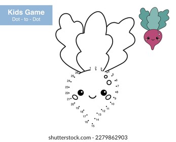Number puzzle game. Dot to dot. Cute kawaii radish with funny face. Healthy food. Cartoon vegetable. Educational worksheet. Printable activity page for kids. Connect the dots and color. Coloring book