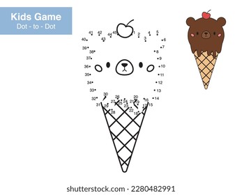 Number puzzle game. Dot to dot. Cute kawaii Ice cream in the shape of a bear. Cartoon food. Educational worksheet. Printable activity page for kids. Connect the dots and color. Coloring book.