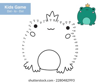 Number puzzle game. Dot to dot. Cute kawaii frog prince. Cartoon fairy tale character. Educational worksheet. Printable activity page for kids. Connect the dots and color. Coloring book.