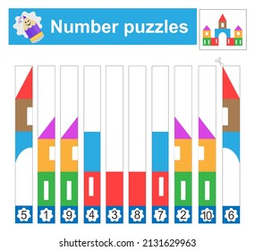 Number puzzles with cartoon house. Cut and assemble. Preschool worksheet activity. Printable worksheet.