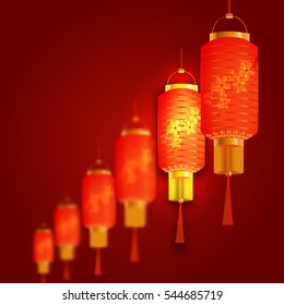 A number of red Chinese lanterns cylindrical shape. On a gradient background. Vector illustration