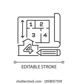 Number of rooms pixel perfect linear icon. Architect plan of building. Real estate structure. Thin line customizable illustration. Contour symbol. Vector isolated outline drawing. Editable stroke