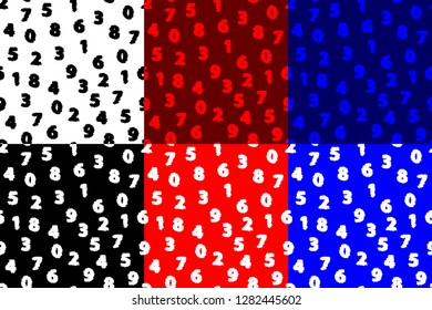 Number  seamless pattern, 0, 1, 2, 3, 4, 5, 6, 7, 8, 9,  (white, black, red, blue) background set,