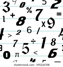 Number seamless pattern background - different numbers and mathematical signs in random pattern. Seamless abstract vector pattern.