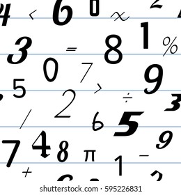 Number seamless pattern background - different numbers and mathematical signs in random pattern. Seamless abstract vector pattern.