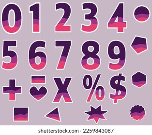 Number Set 0 to 9 Modern Purple pink with white border Font alphabet set