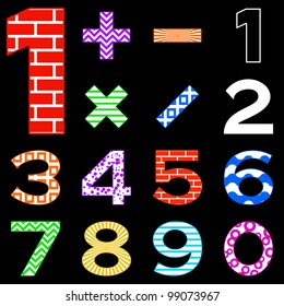 Number set, from 1 to 9, different pattern, illustration isolated on black. Vector