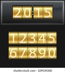 Number set from 1 to 9, digital clock, gold, vector illustration