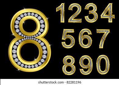 Number set, from 1 to 9, golden with diamonds, vector illustration