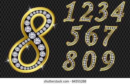 Number set, from 1 to 9, golden with diamonds