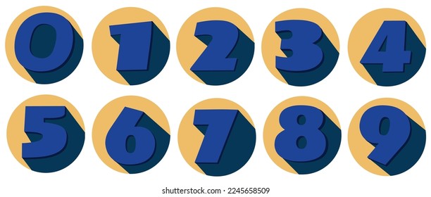Number set from 1 to 9 icon vector with long shadow in circle. 