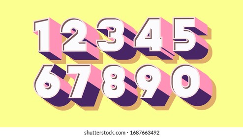 Number set 3d bold color style modern typography for game, poster, birthday, decoration, animation, t shirt, racing, promotion, banner, printing. Cool font. Vector 10 eps