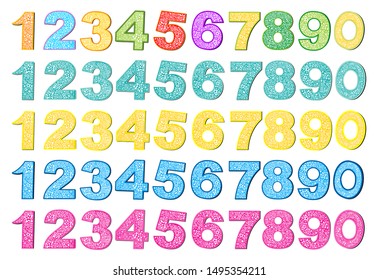 Number set with abstract patterns. Number from 0 to 9 over white background. Cute birthday numbers collection. Number set made of stars. Vector  illustration