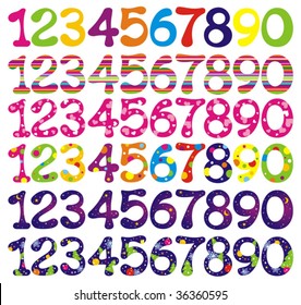 Number set with abstract patterns. Vector illustrations.