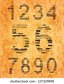 Number set from black coal texture on old paper background. EPS10 blend mode used