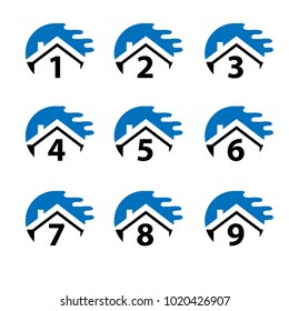 Number set button with blue house, icon set. Flat design.