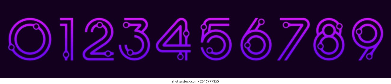 Number set font alphabet vector illustration. Set of modern numbers 0 to 9 with technology elements logo design. In purple colors.